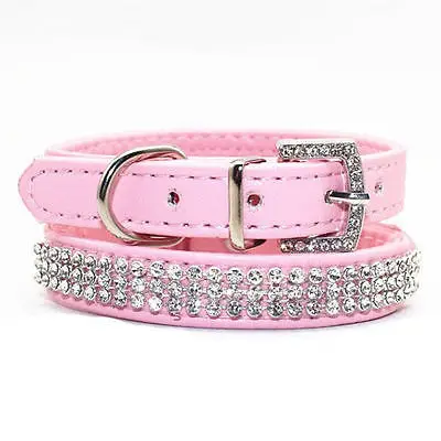Bling Rhinestone Dog Collars Pet PU Leather Crystal Diamond Puppy