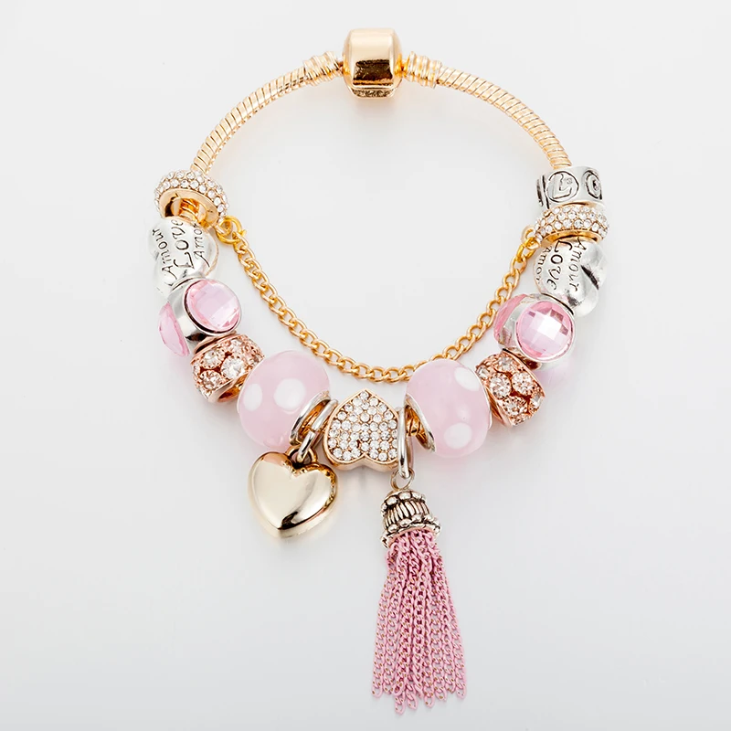 

ANNAPAER 2019 Original Bracelets Pink Crystal Heart Beads Tassel Charm Bracelet for Women Rekomenduoju Wedding Gifts B17091