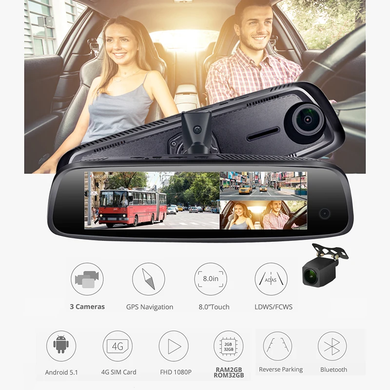  4G ADAS 3 Channel 4 Cores 2G RAM 32G ROM Android Car DVR Rearview Mirror GPS FHD 1080P Dash Camera 