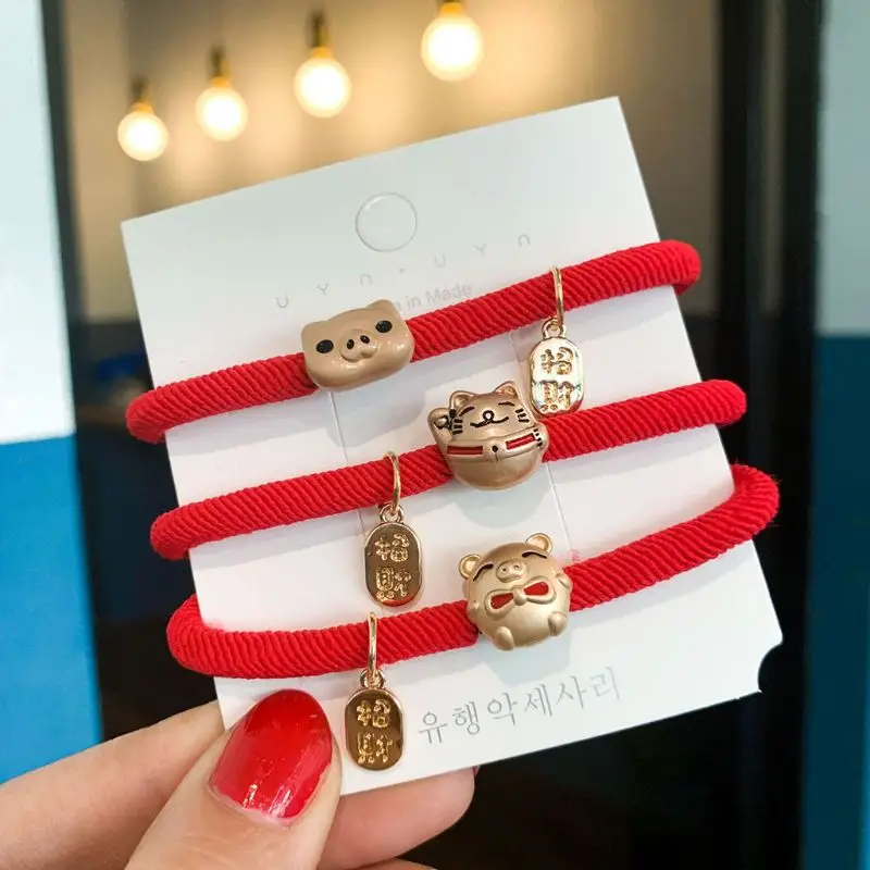 

Girl Lucky Pig Elastic Red rope Hair Ring Hair Bands Lovely Pig Bracelet For Women