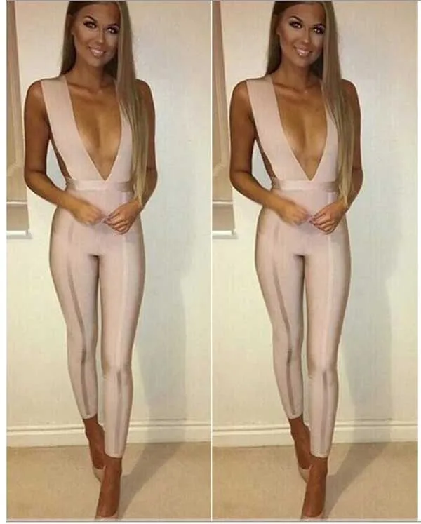 High Quality Ladies HL Bandage Jumpsuit Full Length Deep V