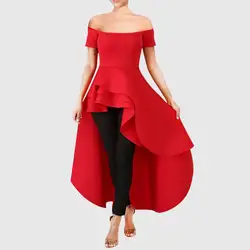 Рюшами удлиненная блуза, юбка женские топы с вырезом на спине, красные вечерние с открытыми плечами модный фрак Летние Элегантные Белые