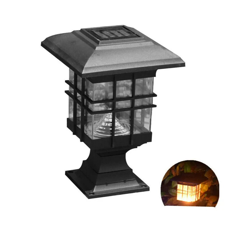 

New LED Outdoor Solar Pillar Light 2 Colors Metal Lantern Glass Gate Post Lamp Fashion Waterproof