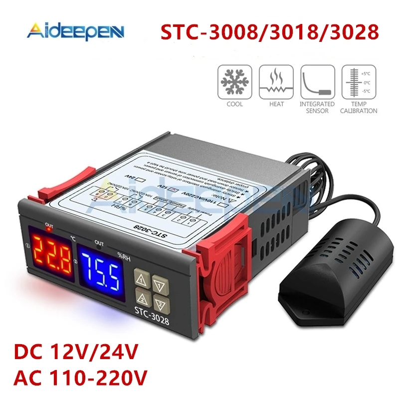 

STC-3008 3018 3028 Dual Digital Temperature Controller Hygrometer C/F Thermostat Two Relay Output AC 110V 220V DC 12V 24V 10A