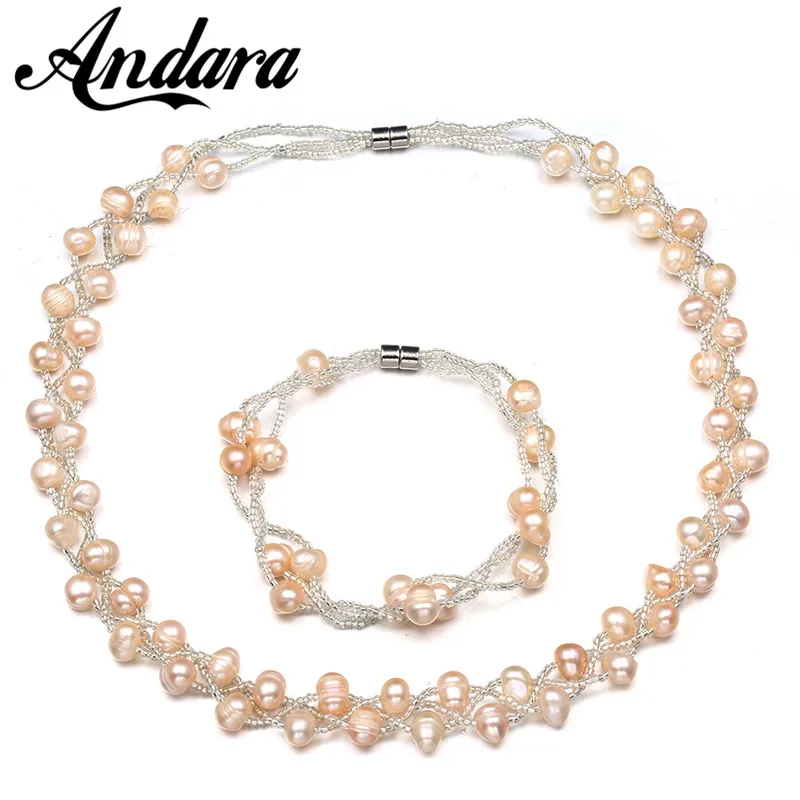 

Luxury Jewelry Sets Natural Cultivated Sweet Water Pearl Bracelet Necklace Earrings Wedding Bridal Set Jewelery Set for Women's