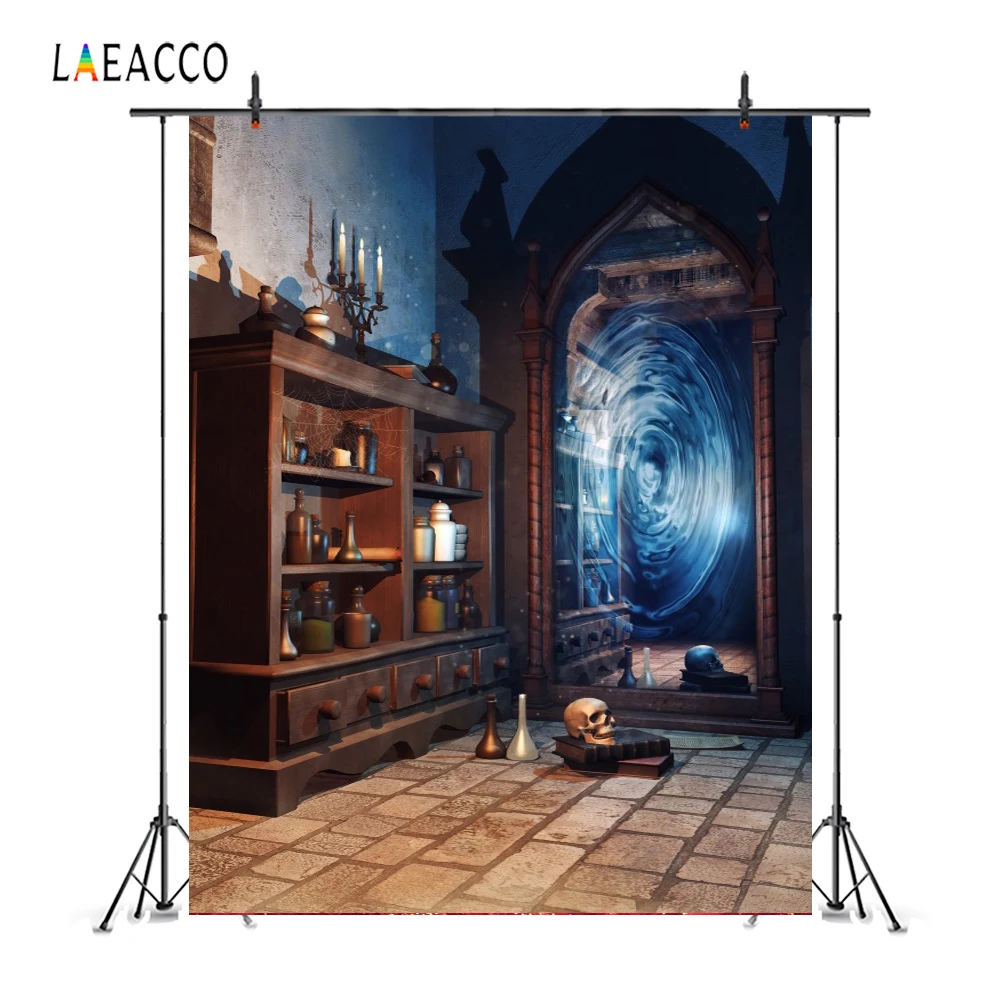 

Laeacco Laboratory Bottles Skull Mirror Magical Photography Backgrounds Customized Photographic Backdrops Props For Photo Studio