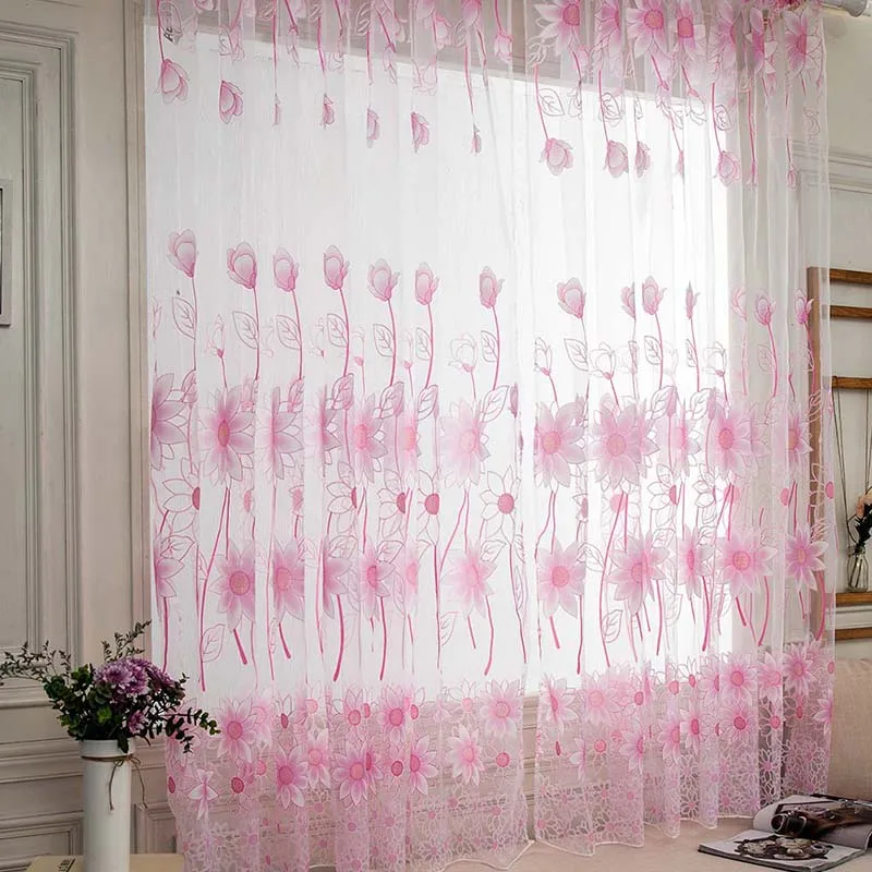 

Fashion French Curtains Big Flower Printing Semi-transparent Left and Right Open Wear Rod Gauze Curtains Living Room