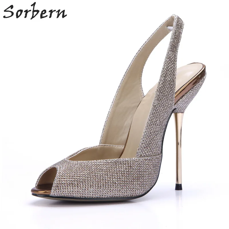 

Sorbern Metallic Glitter Shoes Women Gold Heels Slingbacks Open Toe Stiletto High Heels Ladies Pumps Runway Shoes Women Party