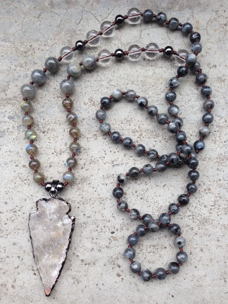 

YA2385 Stone Clear Quartz Arrow Pendant Amethys Labradorite Agat Beads Knot Handmade Necklaces 30-32inch long