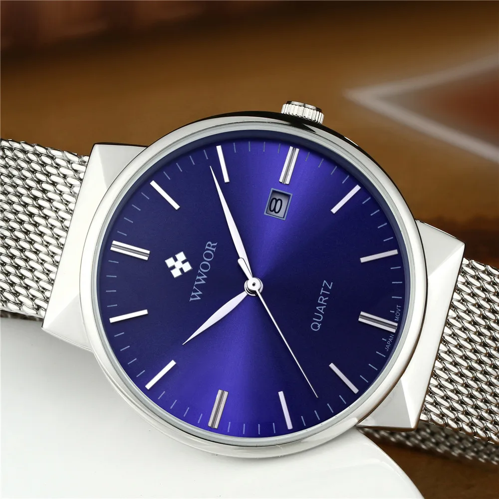 

relogio masculino WWOOR Watch Men Simple Design Mesh Strap Quartz Male Watches Business Stainless Steel Waterproof Wristwatch