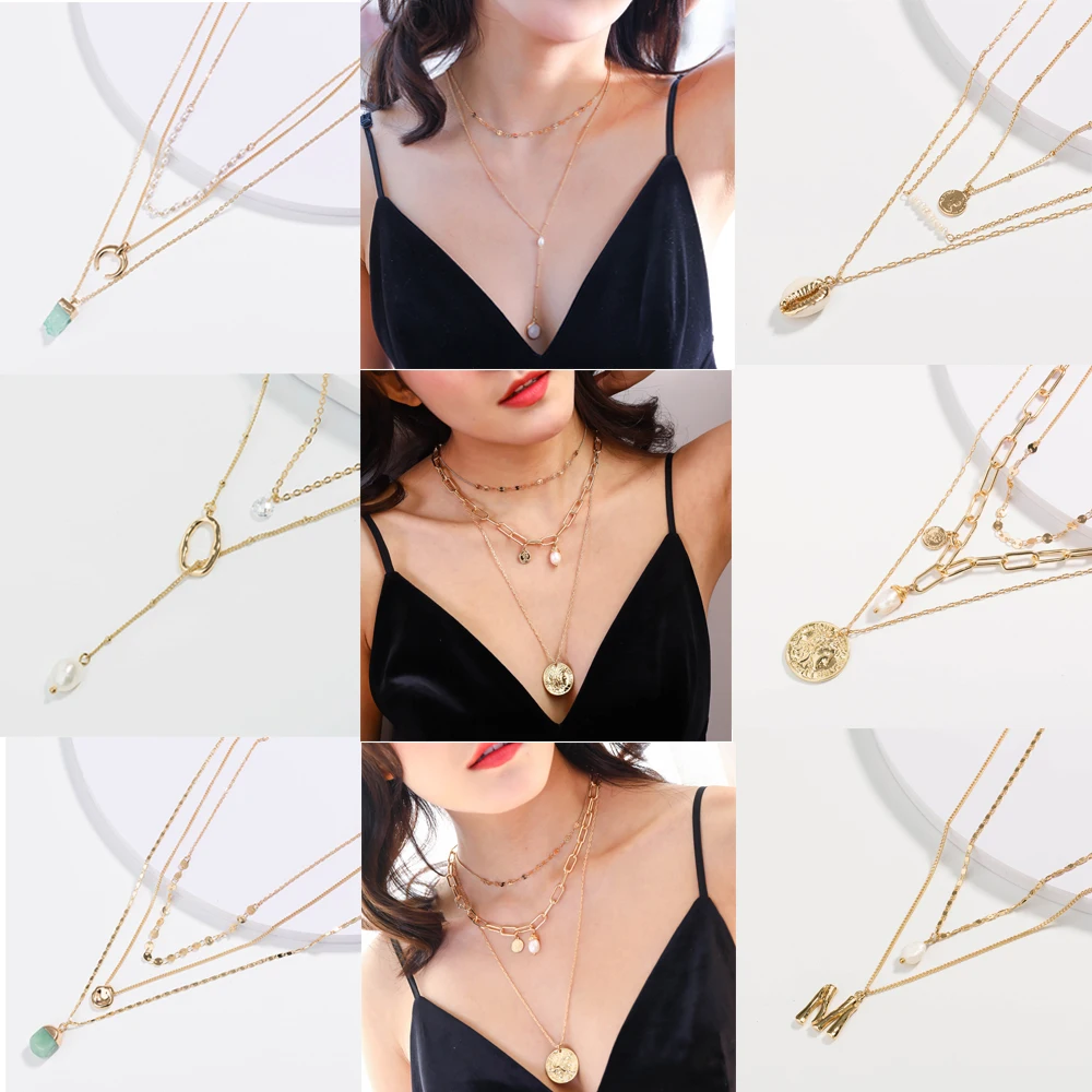 

Fresh Style Leaves Moon Letter Shell Simulated-Pearl Cross Chain Necklaces & Pendants for Women Valentine's Day Gifts Bijoux