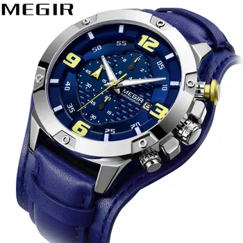 

MEGIR Military Big Size Watch Men Quartz Clock Chronograph 3 Dials 6 Hands Top Brand Luxury Genuine Leather Strap Wristwatches