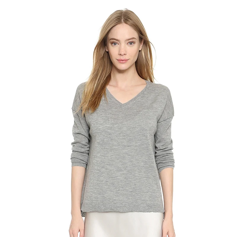 Gray Elegant Sweater Women Clothing Long Sleeve V Neck Basic Pullover