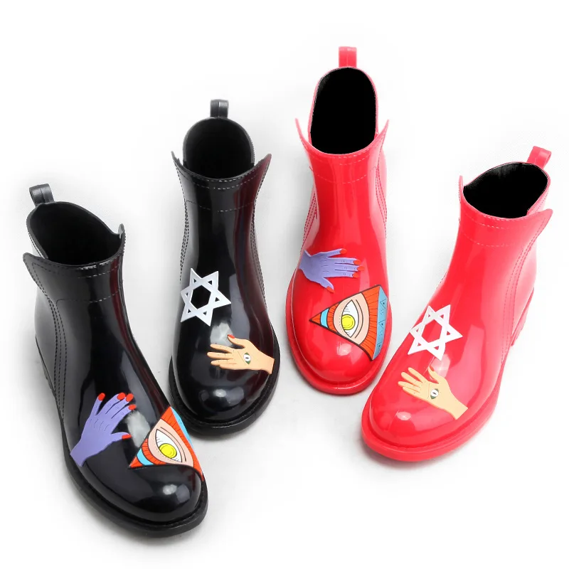 Koovan Women's Rain Boots 2020 New Female Adult Fashion Water Shoes Women's Hand-painted Wind Rubber Shoes Waterproof Rain Boots