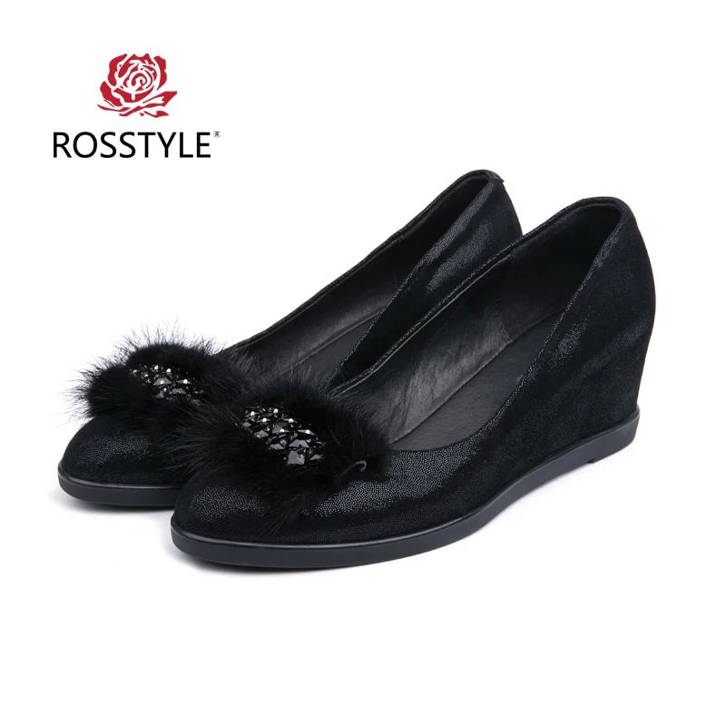 

ROSSTYLE Comfortable Increased Internal Shoes Sheepskin Genuine Leather Shoes Dazzle Black Crystal Slip On Pumps Women Shoes C1