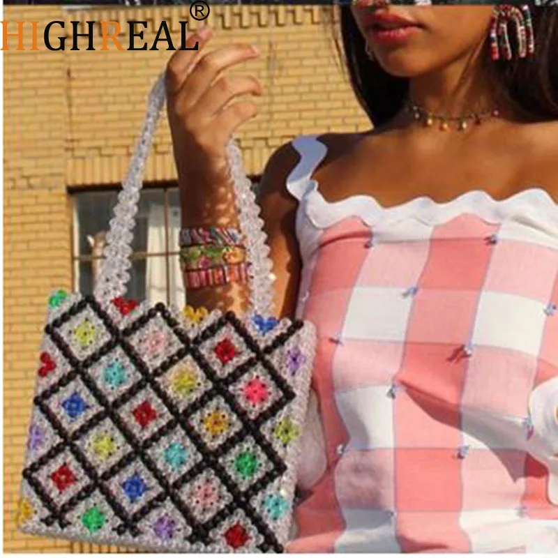 

HIGHREAL Pearls Bag Beaded Vintage Acrylic Box Totes Women Evening Party Small Flap Handbag 2019 Summer Luxury Brand