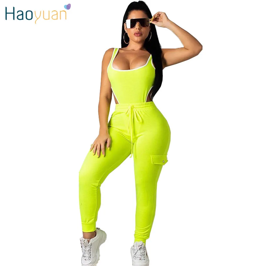 HAOYUAN النيون الأخضر البرتقال مثير 2 اثنين من قطعة مجموعة النساء مهرجان الملابس الشاطئ رومبير ارتداءها أعلى + بانت نادي تتسابق مطابقة مجموعات