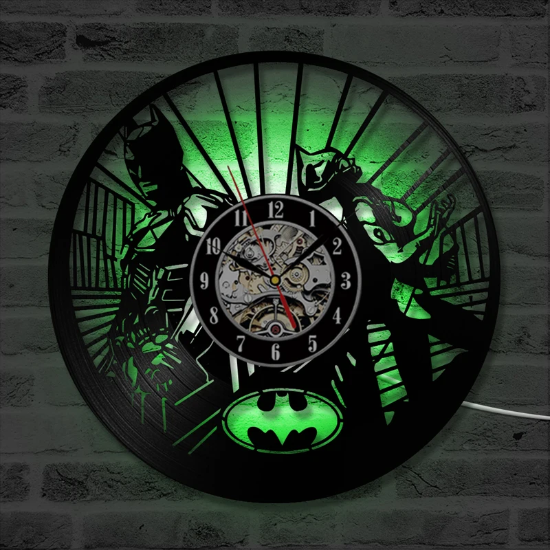 Настенные часы с виниловой пластинкой в стиле Бэтмена Современный дизайн светодиодный часы в форме Бэтмена Джокера с 7 сменными цветами классические настенные часы домашний декор