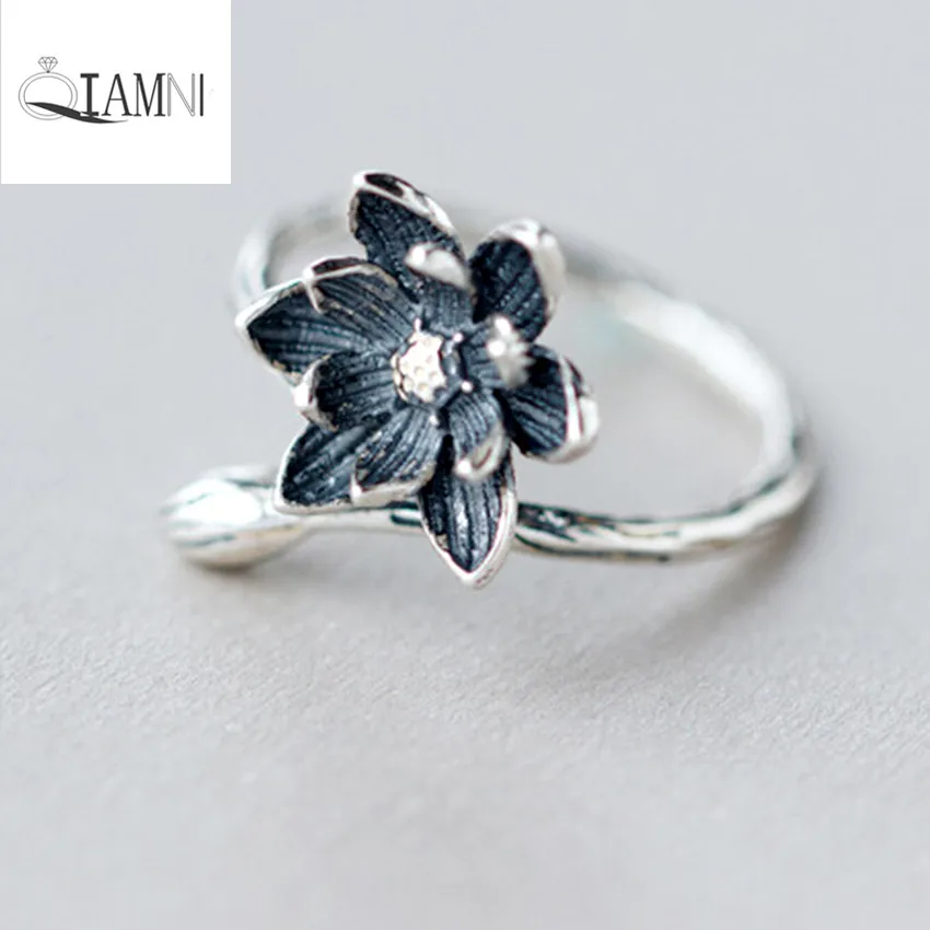 QIAMNI Unique Blue Lotus Flower Open Finger Ring Christmas Party Gift for Women Girl Accessories Jewelry