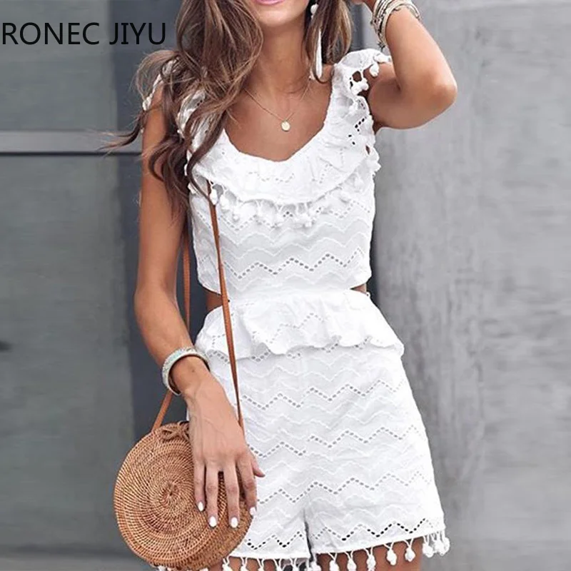 Выдалбливают Кружева Pom Poms Peplum Playsuit для женщин 2019|Комбинезоны c шортами| |