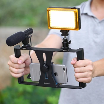 

PULUZ Handheld Phone Stabilizer Adjustable Smartphone Stabilizer Rig LED Studio Light + Video Microphone Cold Shoe Tripod Head