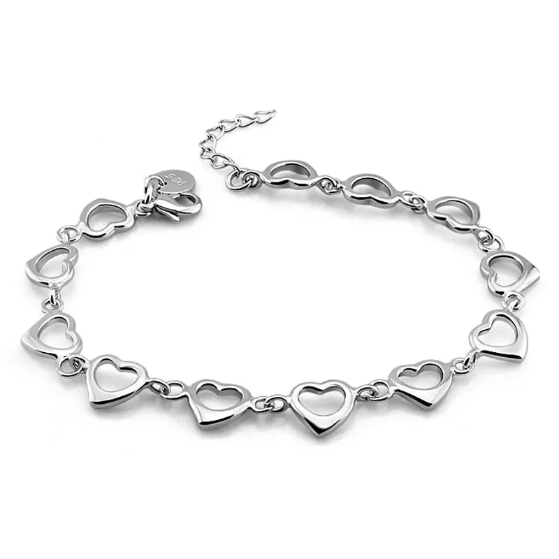 High quality sterling silver woman bracelet. Fashion solid 925 silver heart shaped bracelet