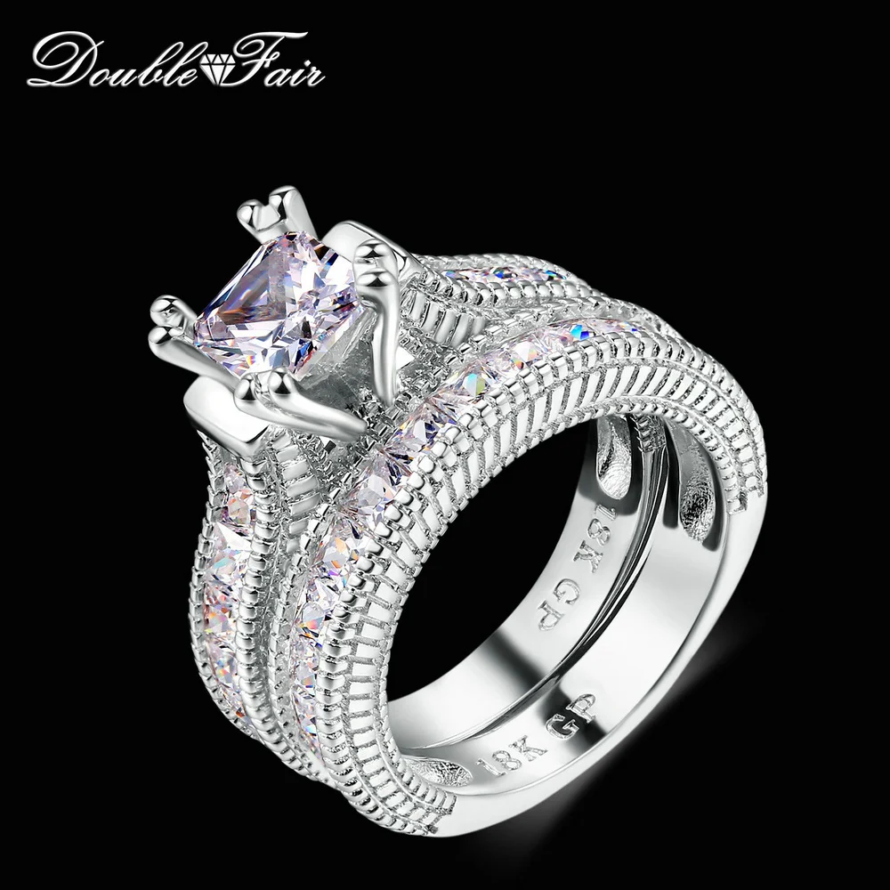 Double Fair Unique Square Cut Cubic Zirconia Rings Sets Silver Color Fashion Engagement/Wedding Jewelry Gift For Women RX29YG