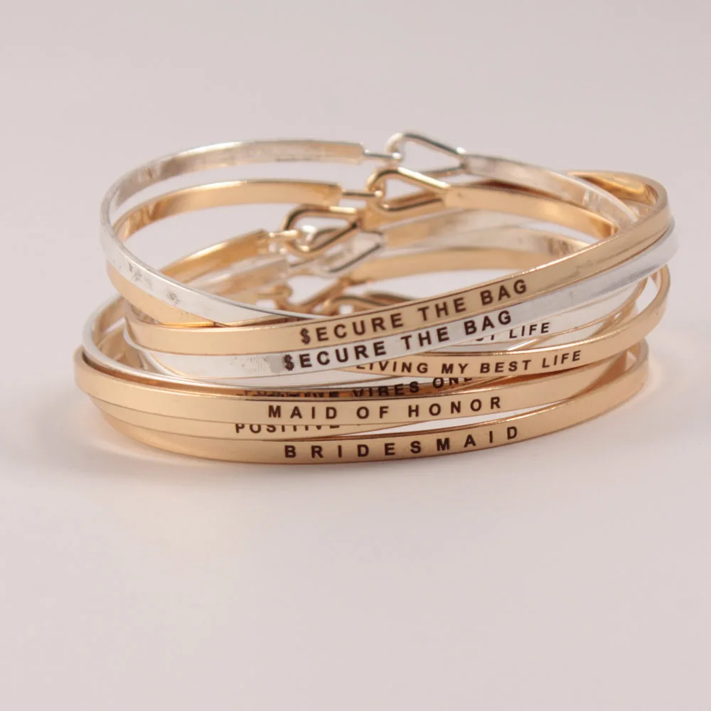 

10pcs/lot Silver Gold Fashion Copper Bangle Engraved Positive Inspirational Quote Mantra Bracelet Cuff Bangle For Women