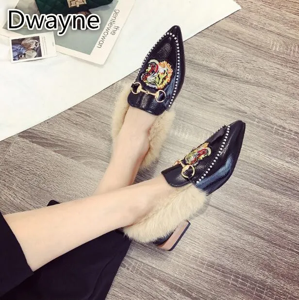 

Women Flat Hairy shoes women Slip On Mules female Loafers Brand Pointed Toe Short Plush embroidery shoes woman Fur shoes women