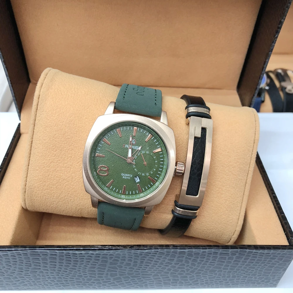 

Luxury Brand Men Watches Sets Men's Quartz Clock Man Army Military Leather Wrist Watch Leather Bracelet 2 pcs Relogio Masculino