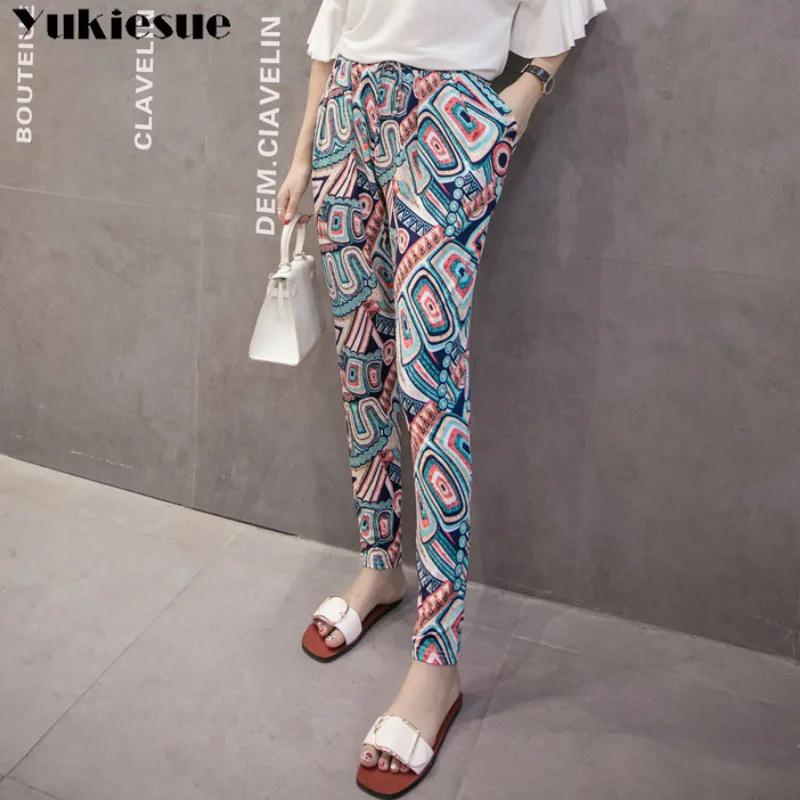 Baratos Verano chiffon impreso playa Mujer pantalones capris con alta cintura harem pantalones para mujer Pantalones Mujer Pantalones femeninos de talla grande