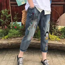 Летние женские джинсы в стиле ретро с эластичной резинкой на талии, обтягивающие джинсовые штаны, новые женские отбеленные повседневные уличные брюки с вышивкой и карманами