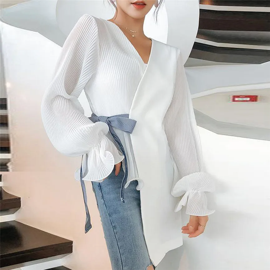 

Blusas Mujer de Moda 2019 Women Elegant Pure Color V-neck Bow Irregular Long Sleeve Casual Blouse T-shirt Autumn Vintage Top