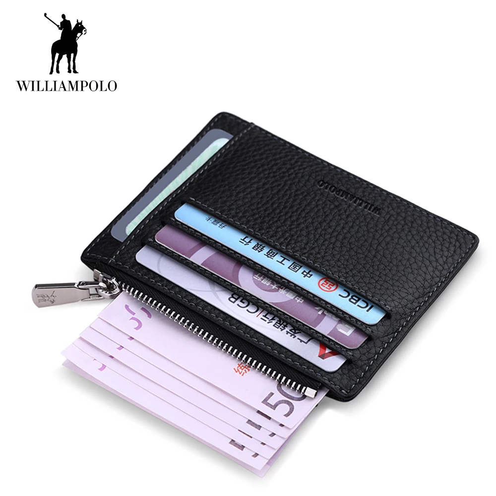 

WilliamPOLO Fashion Mens Card Holder Genuine Leather Wallet Mini Ultra Slim Short Zipper Cowhide Driving License Multiple Slots