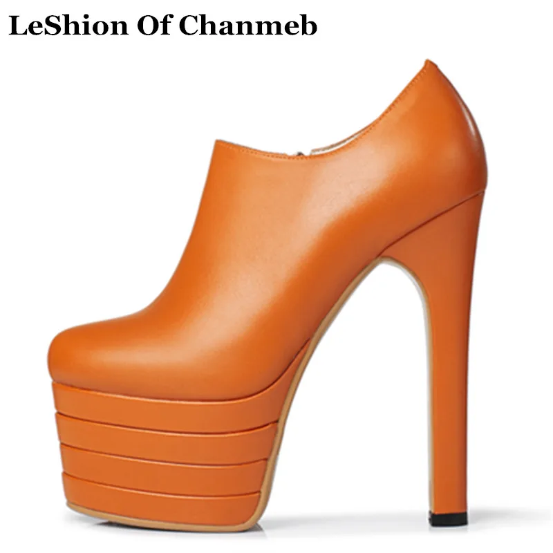 

2019 Extremely High Heels Natural Cow Leather Ankle Boots for Women Thick Platforms Sexy Thin Heeled Booties Party Pumps Size 40