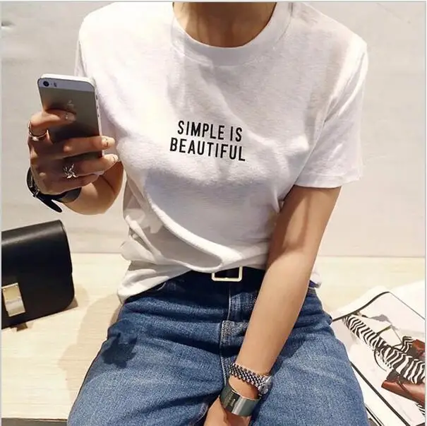 

SIMPLE IS BEAUTIFUL New Fashion Women Summer T shirt White Short Sleeve Cotton Letter Print Casual Top female T-shirts