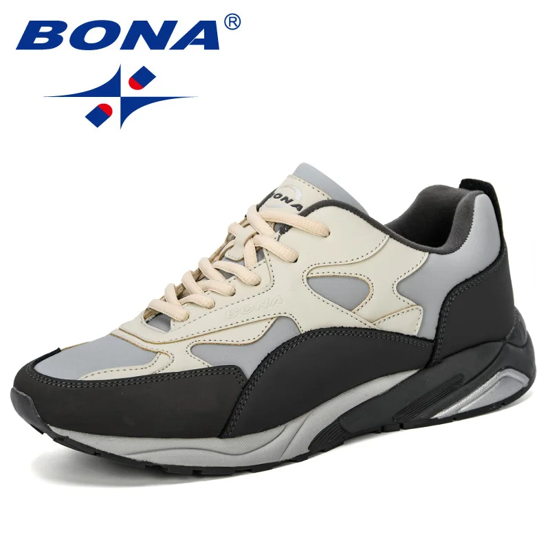 BONA/Новинка года; классические стильные мужские кроссовки; мужские кроссовки большого размера; кожаные мужские кроссовки; спортивная Уличная обувь для бега - Цвет: Light gray dark grey