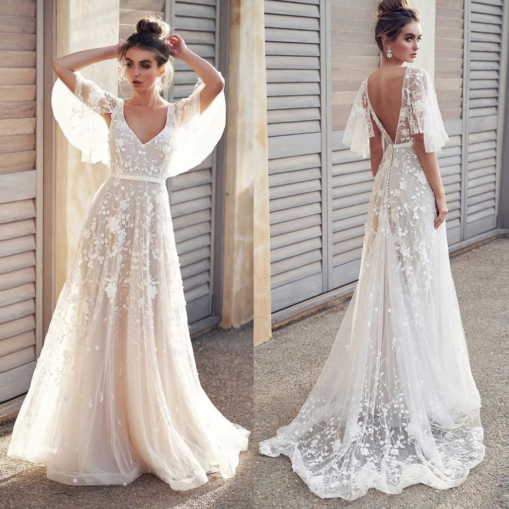 

Summer Dress,Sexy Womens V Neck Short Sleeve Lace Vintage Gown Evening Party White Dress ,vestidos,sundress