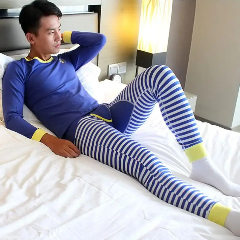 1 комплект(топы и штаны), мужское теплое термобелье с v-образным вырезом, хлопок, кальсоны, Брендовое Спортивное нижнее белье - Цвет: blue