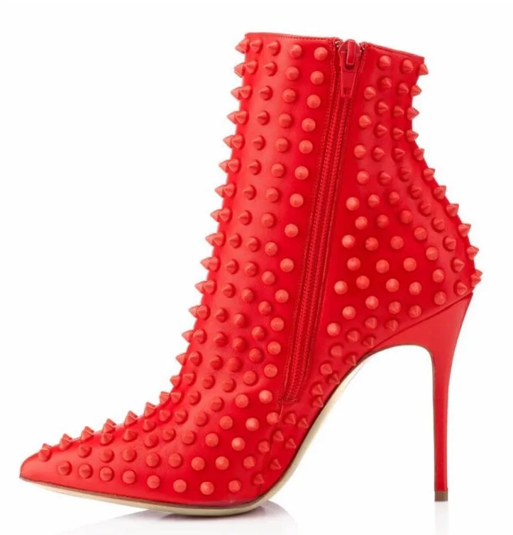 

Rivet Pointed Toe High Heel Short Boots Hot Selling Red Thin Heels Shoes Spring Ankle Women Boot Large Size Party Shoes