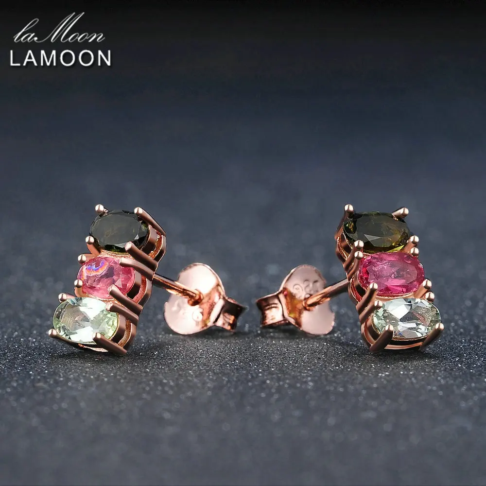 LAMOON Classic 100% Natural Multi-Color Oval Tourmaline 925 Sterling Silver Jewelry S925 stud Earrings LMEI035