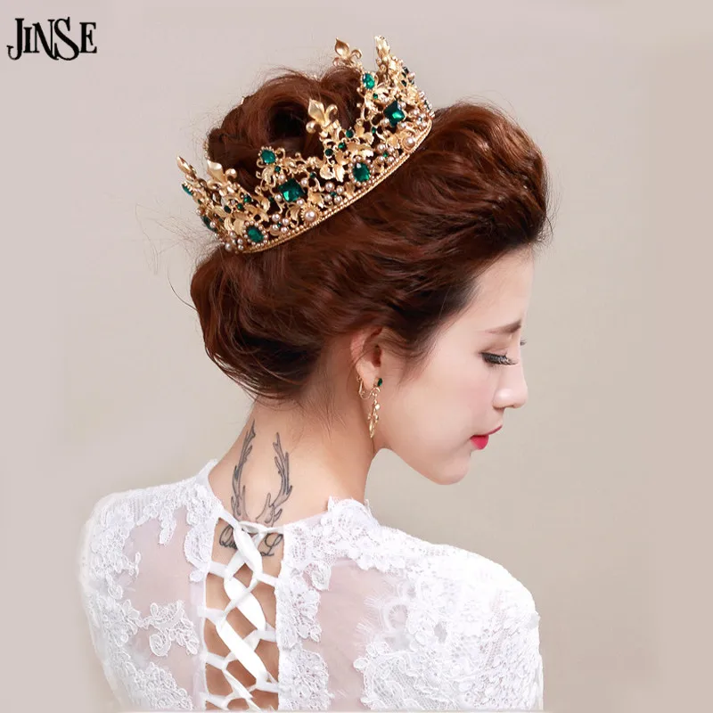 

JINSE Luxury Vantage Gold Wedding Crown Alloy Bridal Tiara Baroque Queen King Crown Green Gem Stone Tiara Crown CR081