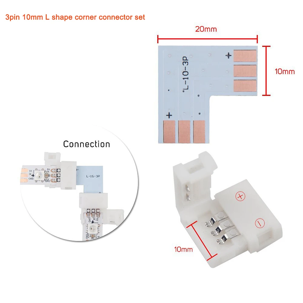

3pin 10mm width corner Connector L shape solderless connector For ws2811 ws2812b SK6812 led strip easy No soldering 10~1000 set