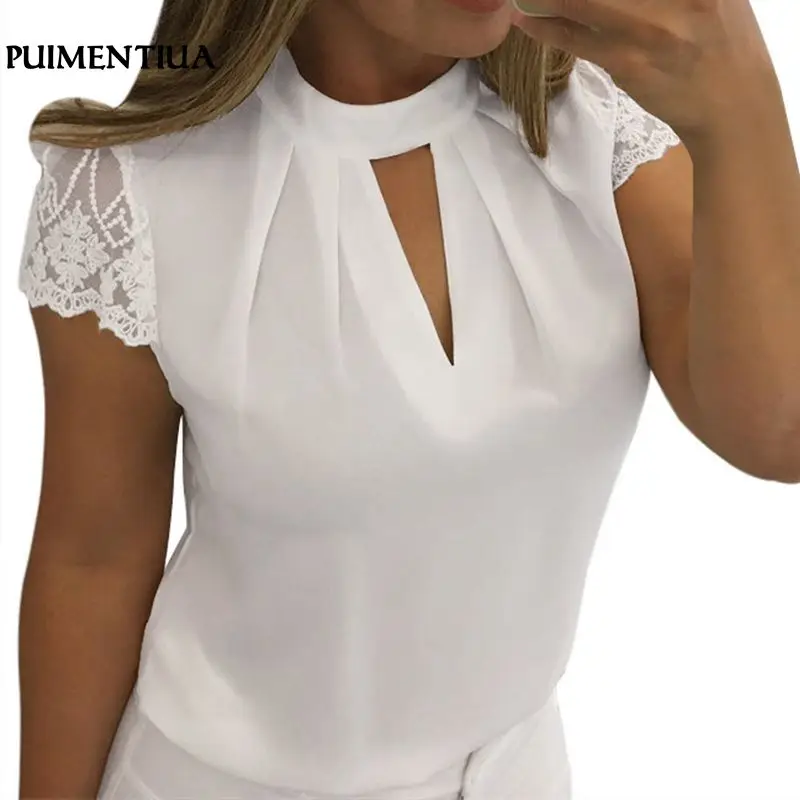 

Puimentiua Casual Hollow Out Chiffon Women Blouses Summer Sexy Splice Lace Tops Female Short Sleeve Blusas Shirts Plus Size 5XL