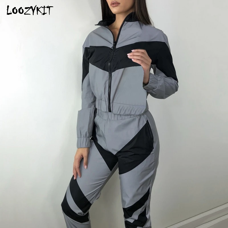 

LOOZYKIT Women Reflective Splicing Long Sleeve Zipper up Trench Top Pants 2 Piece Outfits Night Version Tracksuit Set Streetwear