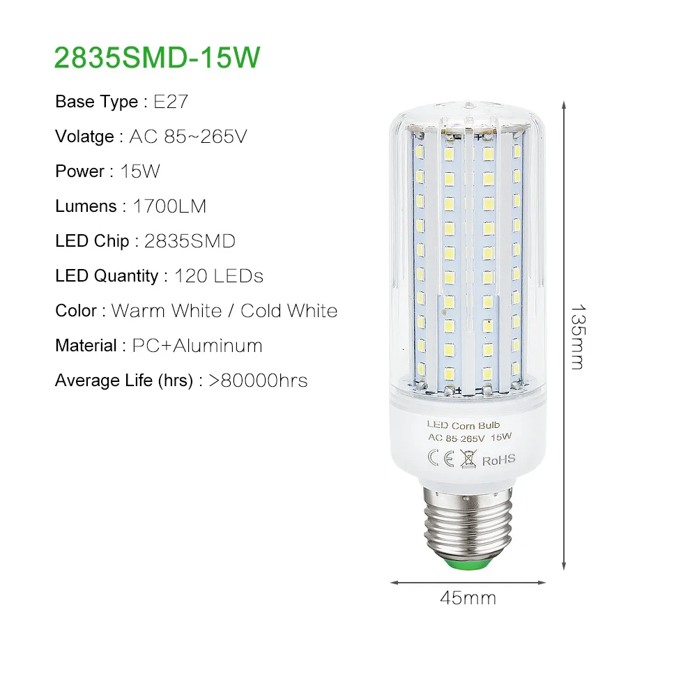 Без мерцания ультра-яркая подсветка с E27 E26 светодиодный лампы кукурузы AC 85-265 V 5 W 10 W 15 Вт, 20 Вт, 25 Вт, 35 Вт, 45 Вт реальные Мощность лампочки - Испускаемый цвет: 15W real