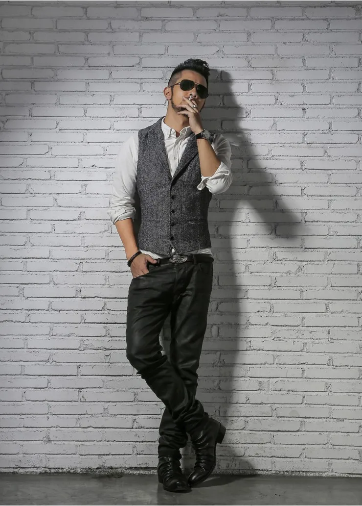 Męskie marki bez rękawów kurtka kamizelka męska garnituru moda męska brytyjski styl Slim Woolen bawełna Single breasted Vintage kamizelka -