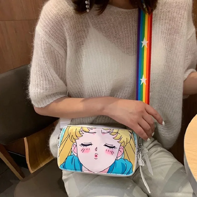 

Fashion Girls Sailor Moon Printing Shoulder Bag Rainbow Strap Handbag Cartton PU Leather Women Messenger Crossbody Small Bag