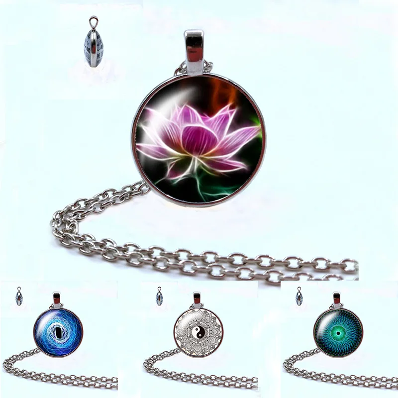 

2019 Fashion jewelry mandala flower Necklace Henna yoga Necklace OM symbol zen Buddhism Double sided glass cabochon Necklace