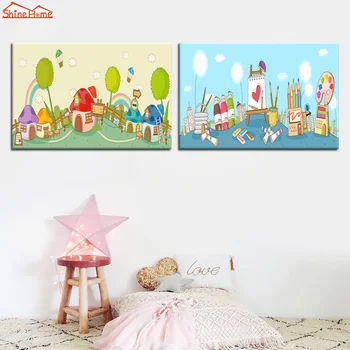 

ShineHome-2pcs Canvas Modular Painting Colourful Bright Pencil Cartoon House Park City Printing Wall Picture Kids Room Art Deco